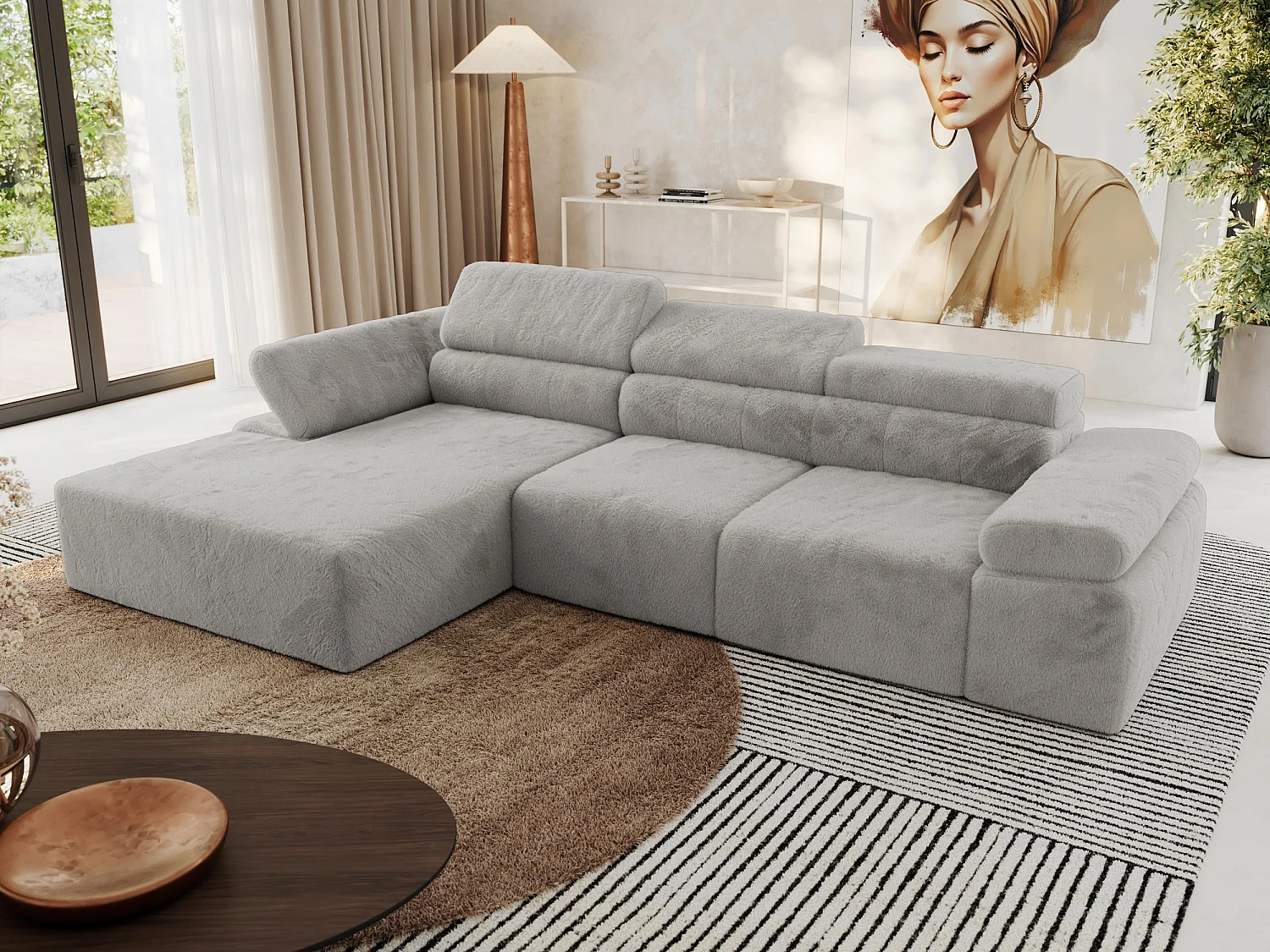 Ecksofa RILASSO - L-förmige Ecke mit Relax-funktion, elektrisch verstellbarer Sitz, Armlehnen - Hellgrau Plüsch - Ecke Links