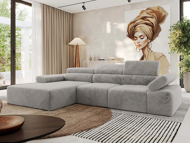 Ecksofa RILASSO - L-förmige Ecke mit Relax-funktion, elektrisch verstellbarer Sitz, Armlehnen - Hellgrau Plüsch - Ecke Links