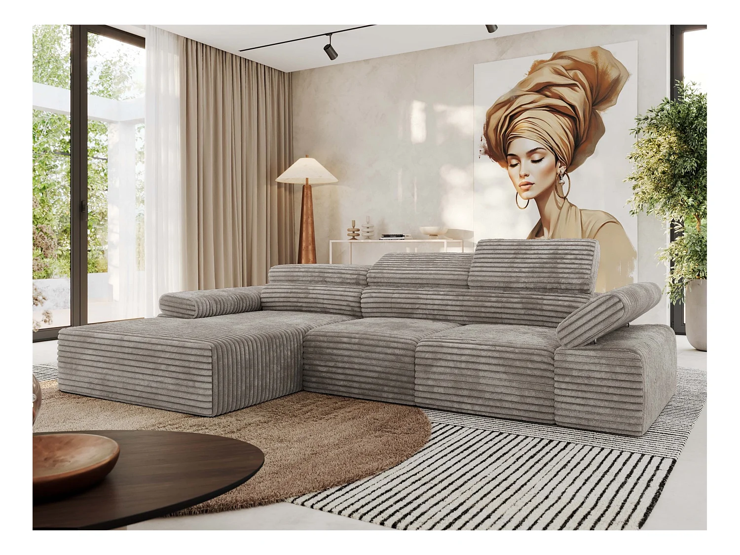 Ecksofa RILASSO - L-förmige Ecke mit Relax-funktion, elektrisch verstellbarer Sitz, Armlehnen - Hellbraun Cord - Ecke Links