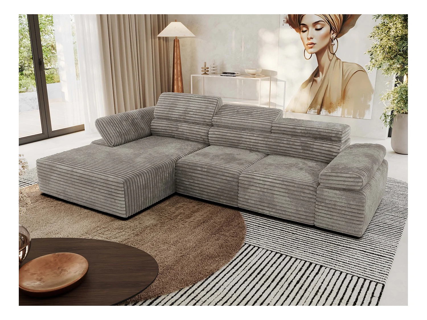 Ecksofa RILASSO - L-förmige Ecke mit Relax-funktion, elektrisch verstellbarer Sitz, Armlehnen - Hellbraun Cord - Ecke Links