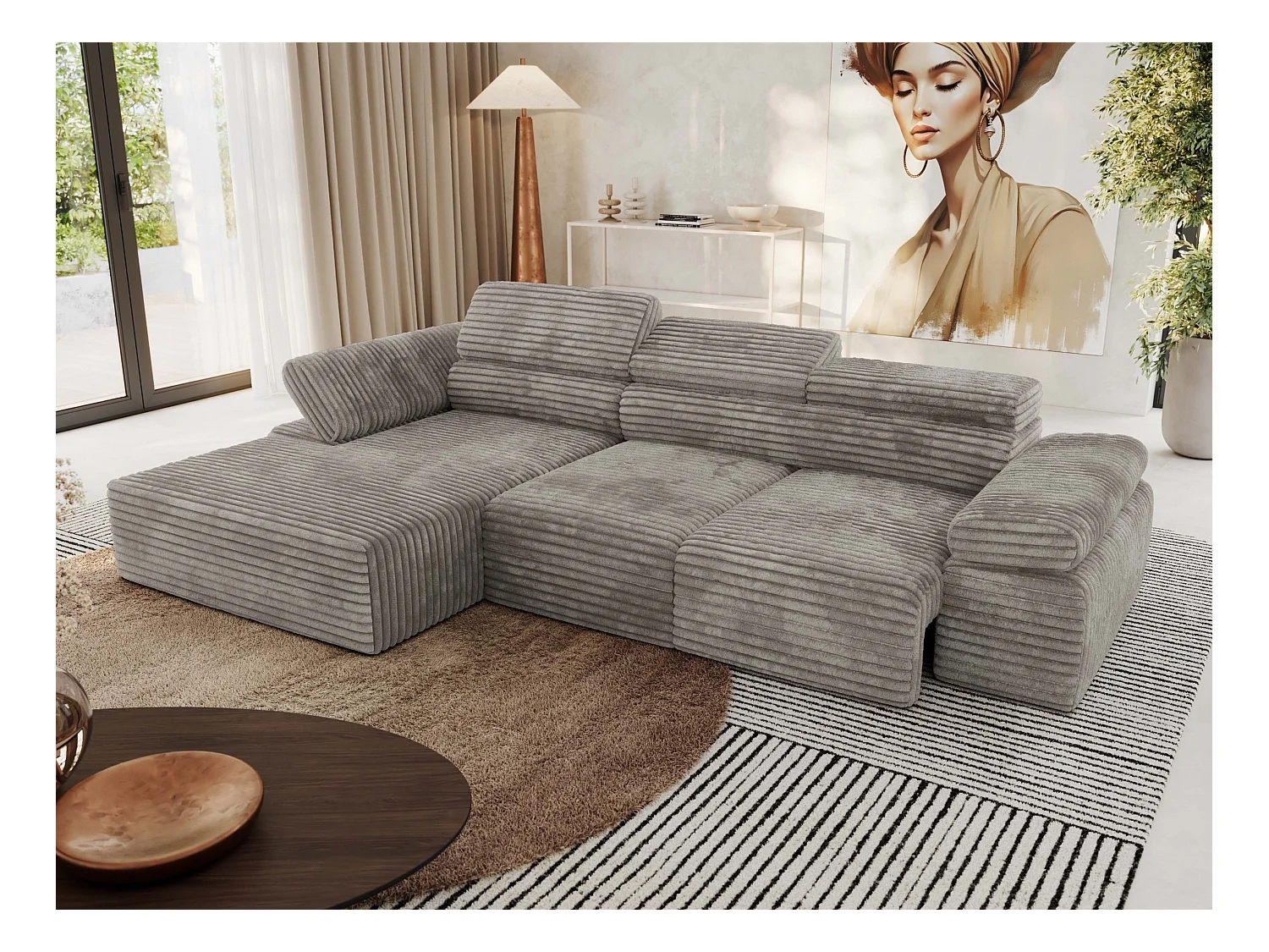Ecksofa RILASSO - L-förmige Ecke mit Relax-funktion, elektrisch verstellbarer Sitz, Armlehnen - Hellbraun Cord - Ecke Links