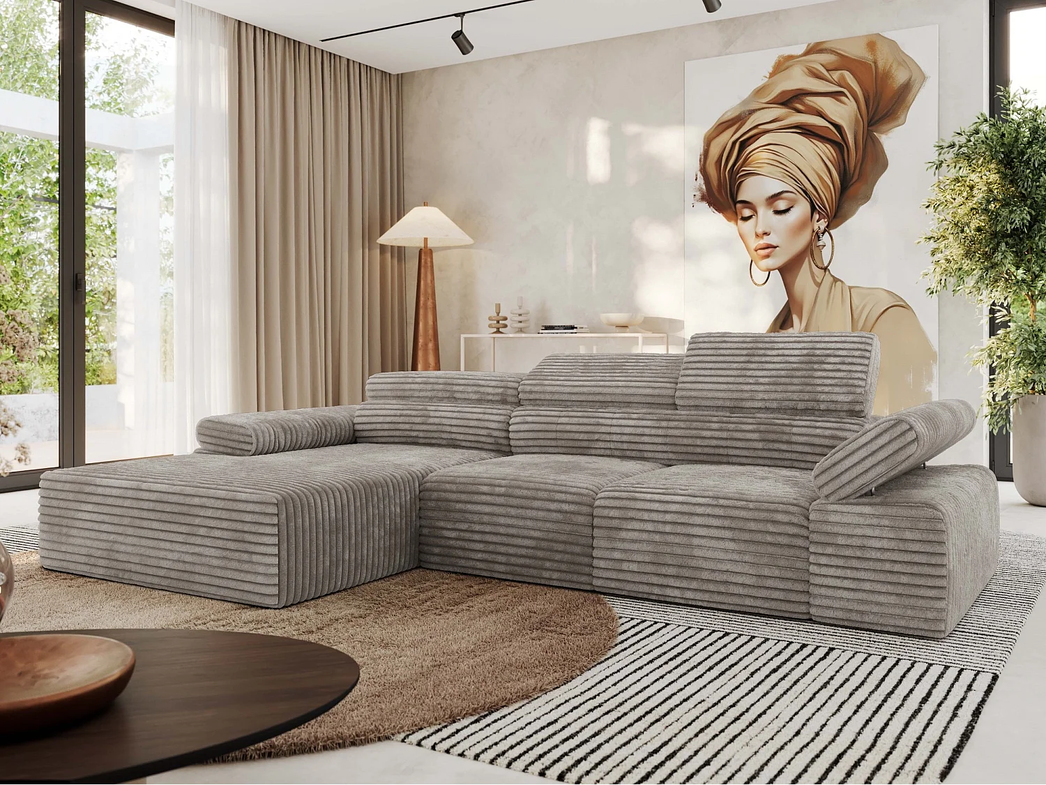 Ecksofa RILASSO - L-förmige Ecke mit Relax-funktion, elektrisch verstellbarer Sitz, Armlehnen - Hellbraun Cord - Ecke Links