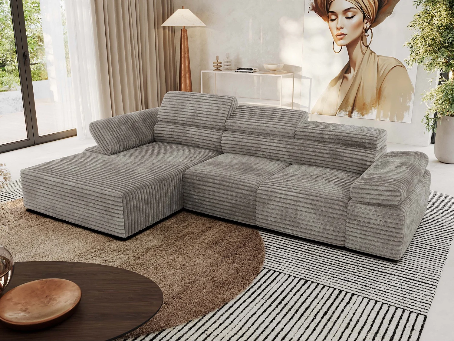 Ecksofa RILASSO - L-förmige Ecke mit Relax-funktion, elektrisch verstellbarer Sitz, Armlehnen - Hellbraun Cord - Ecke Links