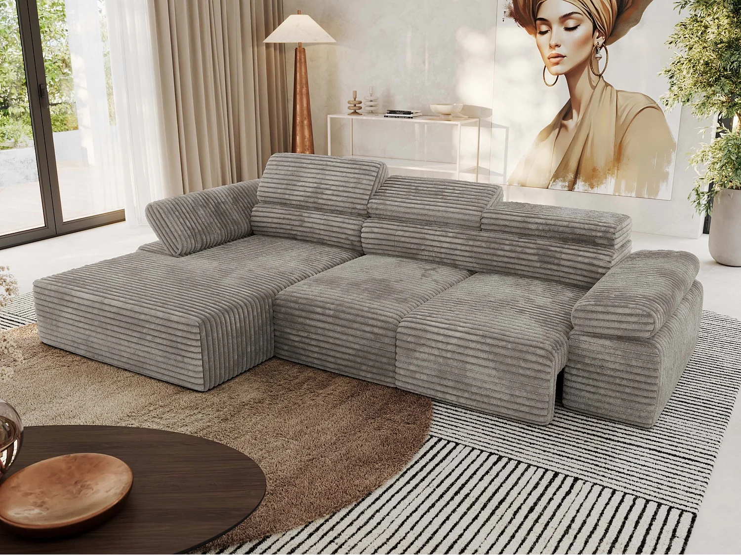Ecksofa RILASSO - L-förmige Ecke mit Relax-funktion, elektrisch verstellbarer Sitz, Armlehnen - Hellbraun Cord - Ecke Links