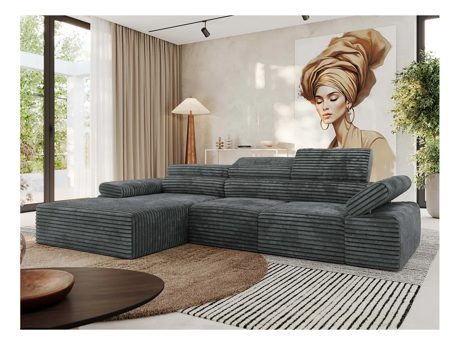 Ecksofa RILASSO - L-förmige Ecke mit Relax-funktion, elektrisch verstellbarer Sitz, Armlehnen - Dunkelgrau Cord - Ecke Links