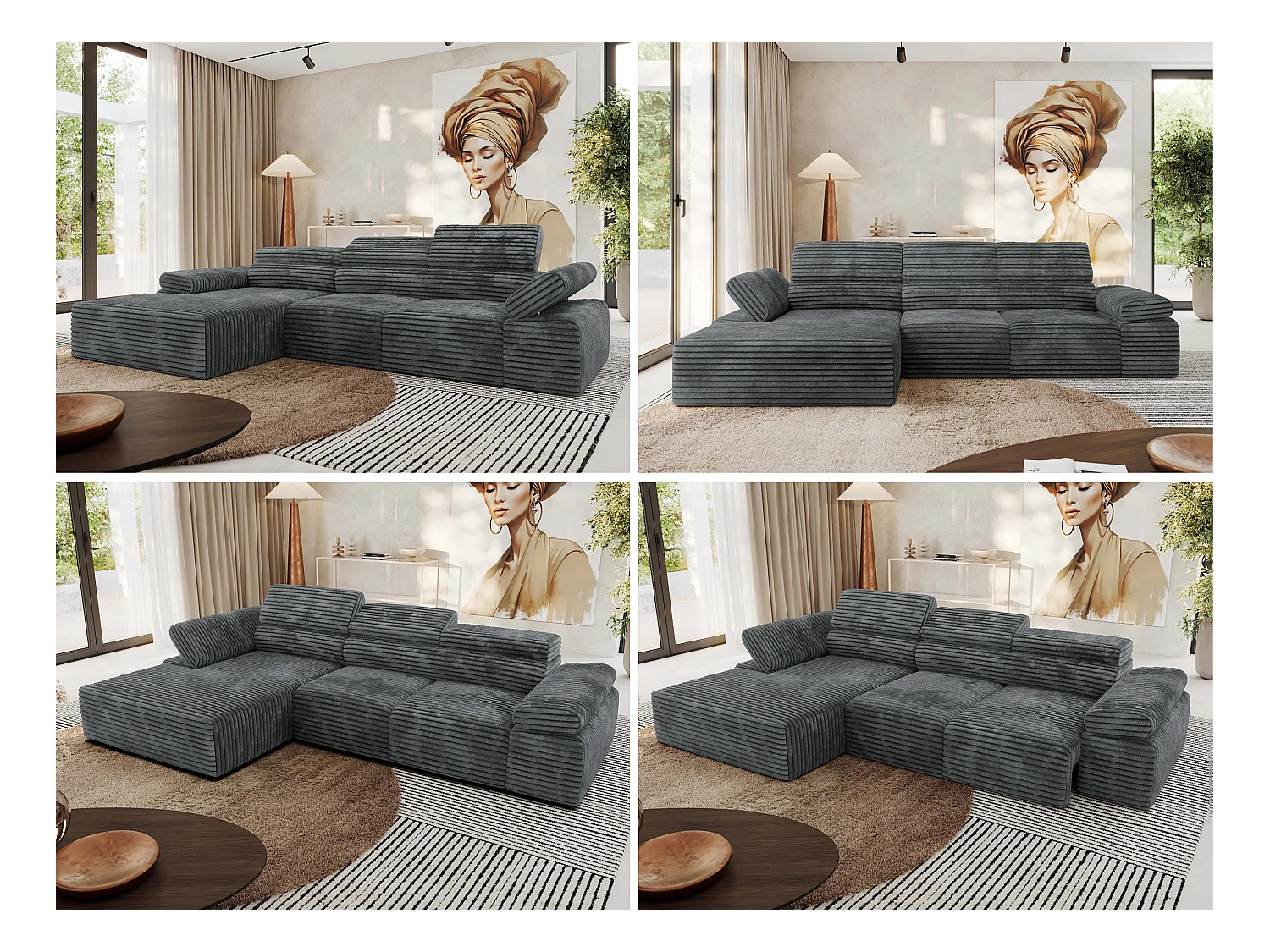 Ecksofa RILASSO - L-förmige Ecke mit Relax-funktion, elektrisch verstellbarer Sitz, Armlehnen - Dunkelgrau Cord - Ecke Links