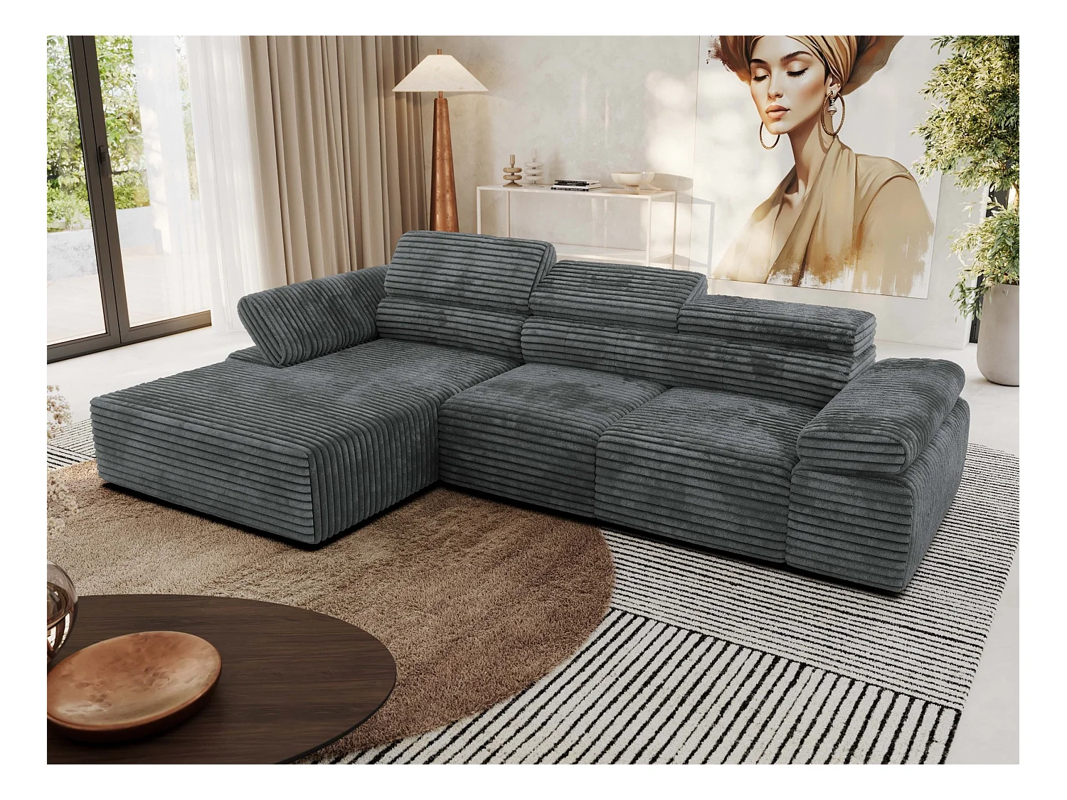 Ecksofa RILASSO - L-förmige Ecke mit Relax-funktion, elektrisch verstellbarer Sitz, Armlehnen - Dunkelgrau Cord - Ecke Links