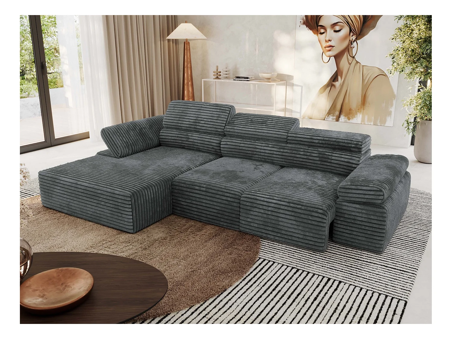Ecksofa RILASSO - L-förmige Ecke mit Relax-funktion, elektrisch verstellbarer Sitz, Armlehnen - Dunkelgrau Cord - Ecke Links