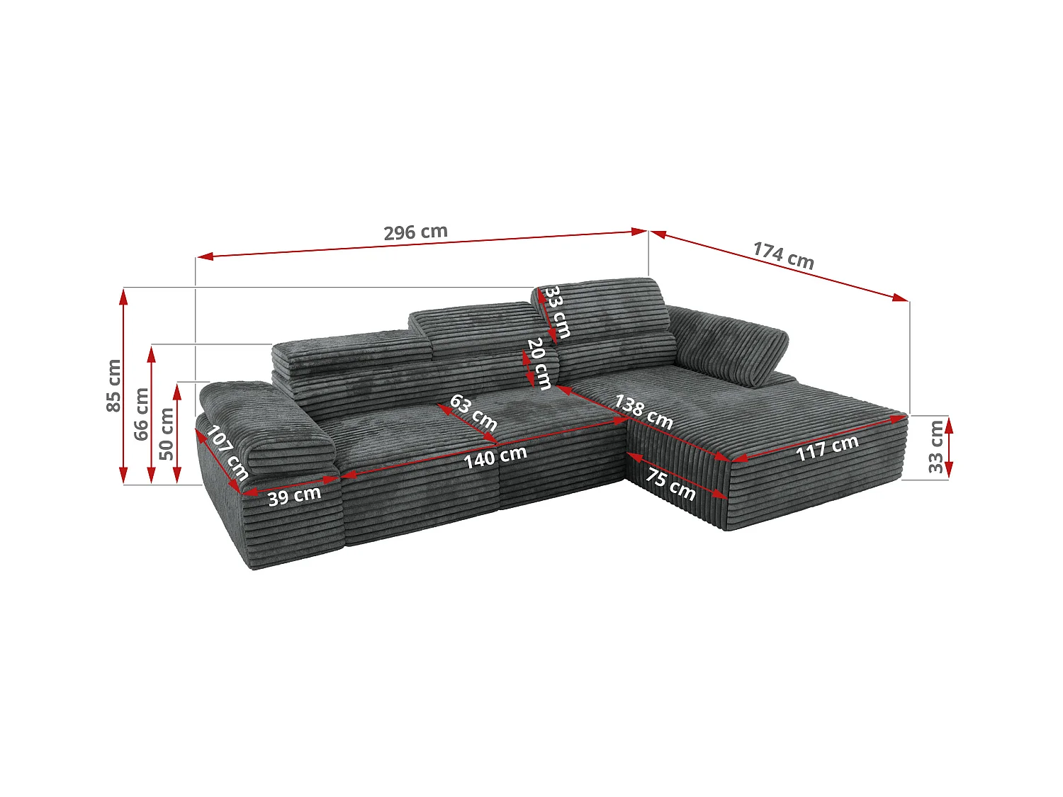 Ecksofa RILASSO - L-förmige Ecke mit Relax-funktion, elektrisch verstellbarer Sitz, Armlehnen - Dunkelgrau Cord - Ecke Links