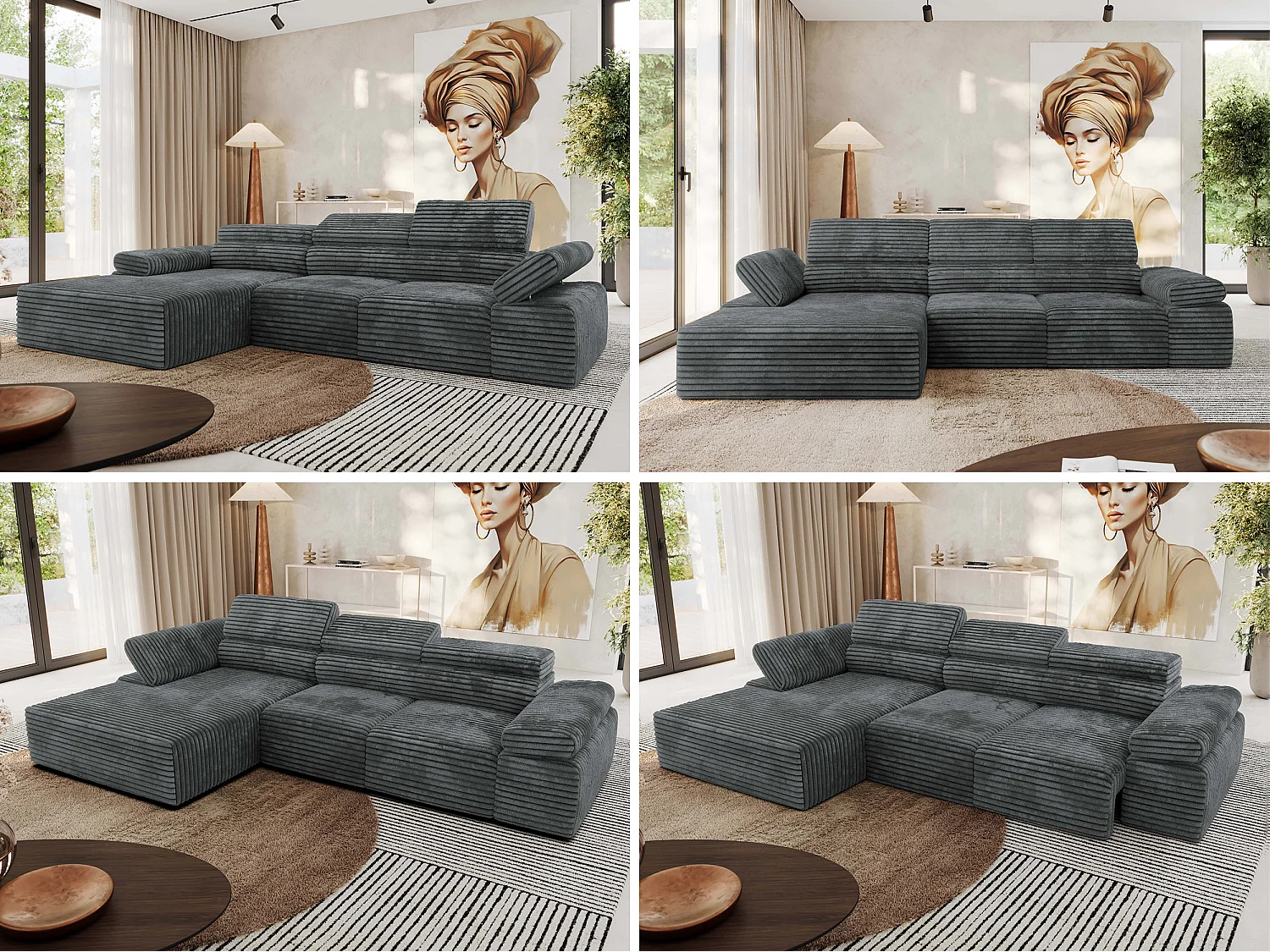 Ecksofa RILASSO - L-förmige Ecke mit Relax-funktion, elektrisch verstellbarer Sitz, Armlehnen - Dunkelgrau Cord - Ecke Links