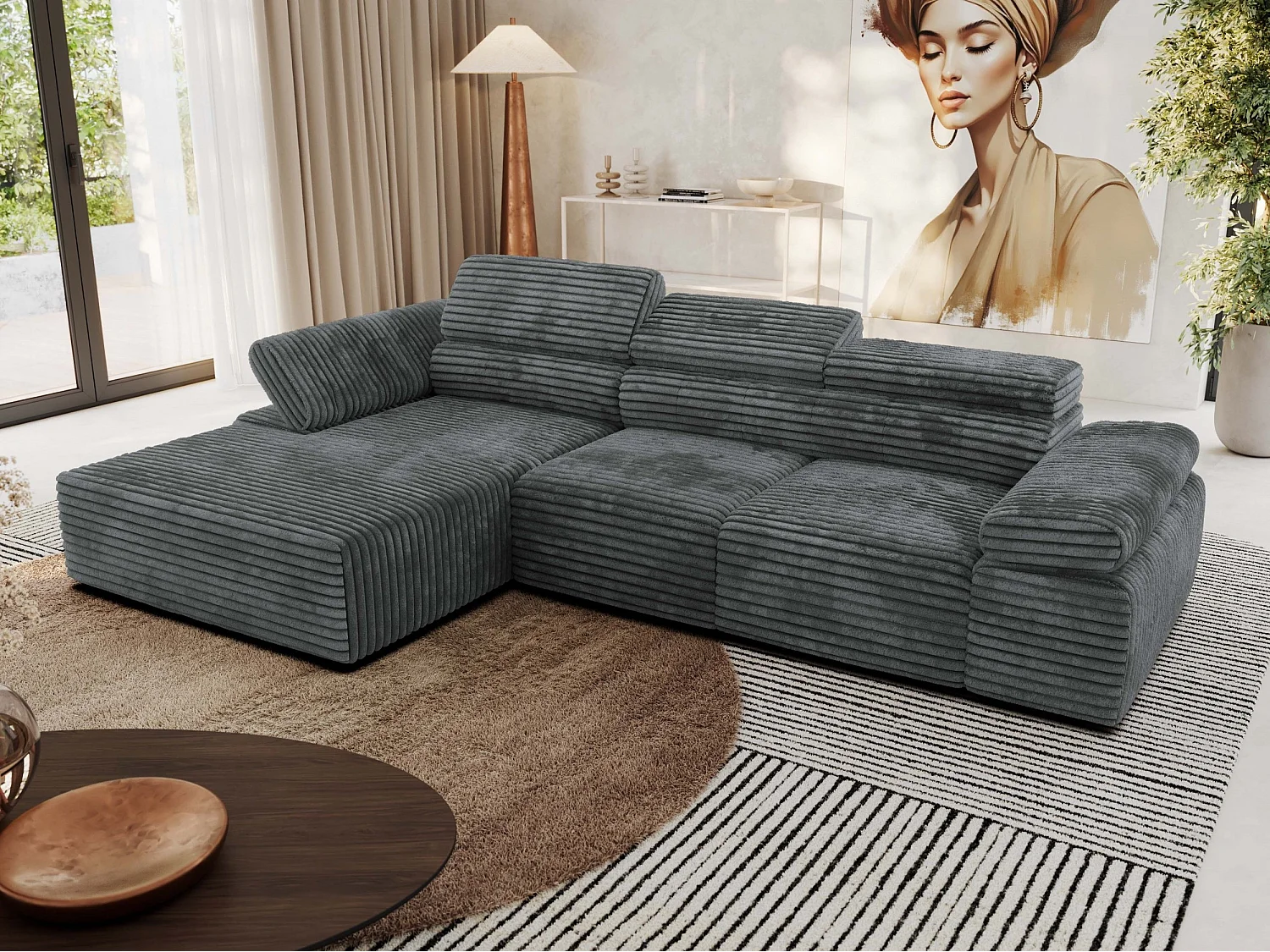 Ecksofa RILASSO - L-förmige Ecke mit Relax-funktion, elektrisch verstellbarer Sitz, Armlehnen - Dunkelgrau Cord - Ecke Links