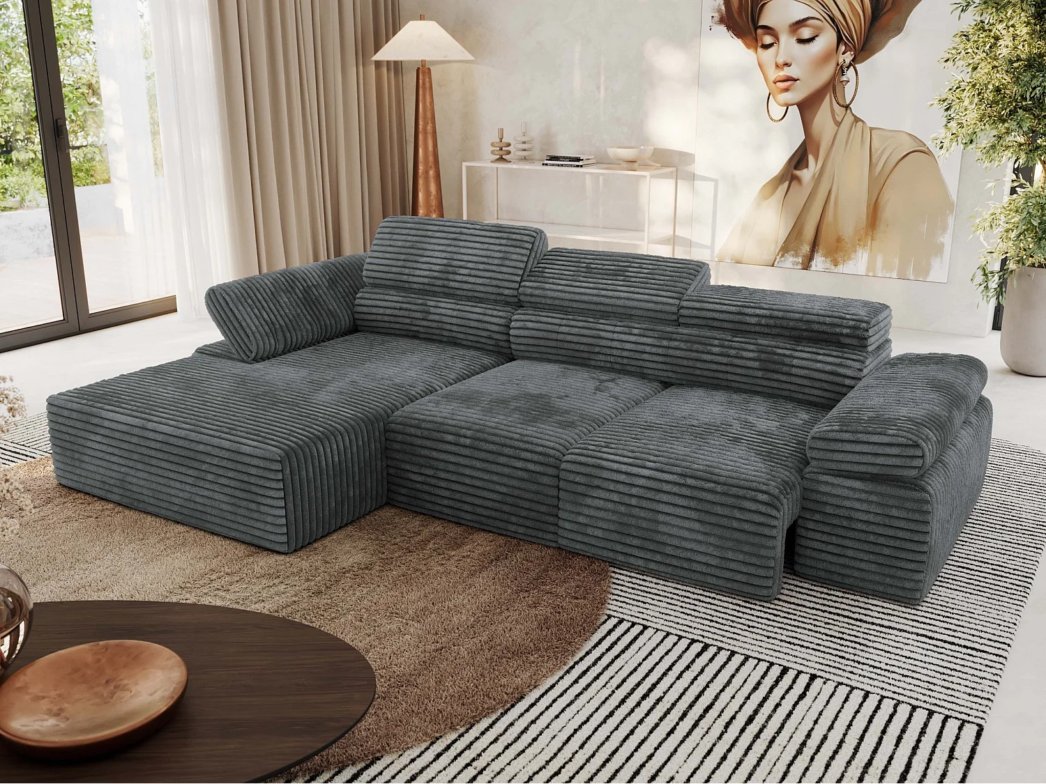 Ecksofa RILASSO - L-förmige Ecke mit Relax-funktion, elektrisch verstellbarer Sitz, Armlehnen - Dunkelgrau Cord - Ecke Links