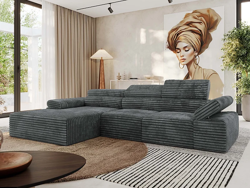 Ecksofa RILASSO - L-förmige Ecke mit Relax-funktion, elektrisch verstellbarer Sitz, Armlehnen - Dunkelgrau Cord - Ecke Links