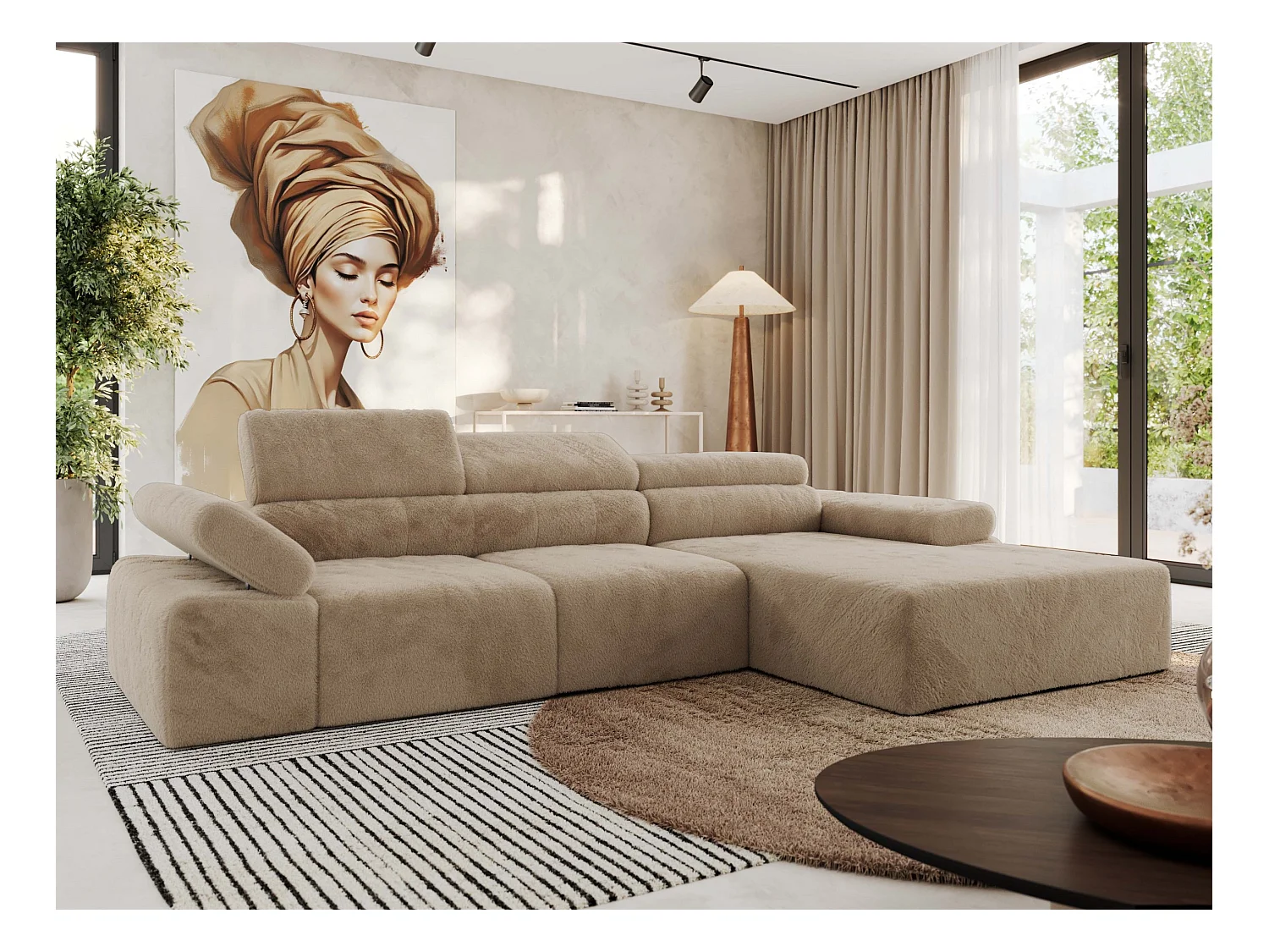 Ecksofa RILASSO - L-förmige Ecke mit Relax-funktion, elektrisch verstellbarer Sitz, Armlehnen - Beige Plüsch - Ecke Rechts