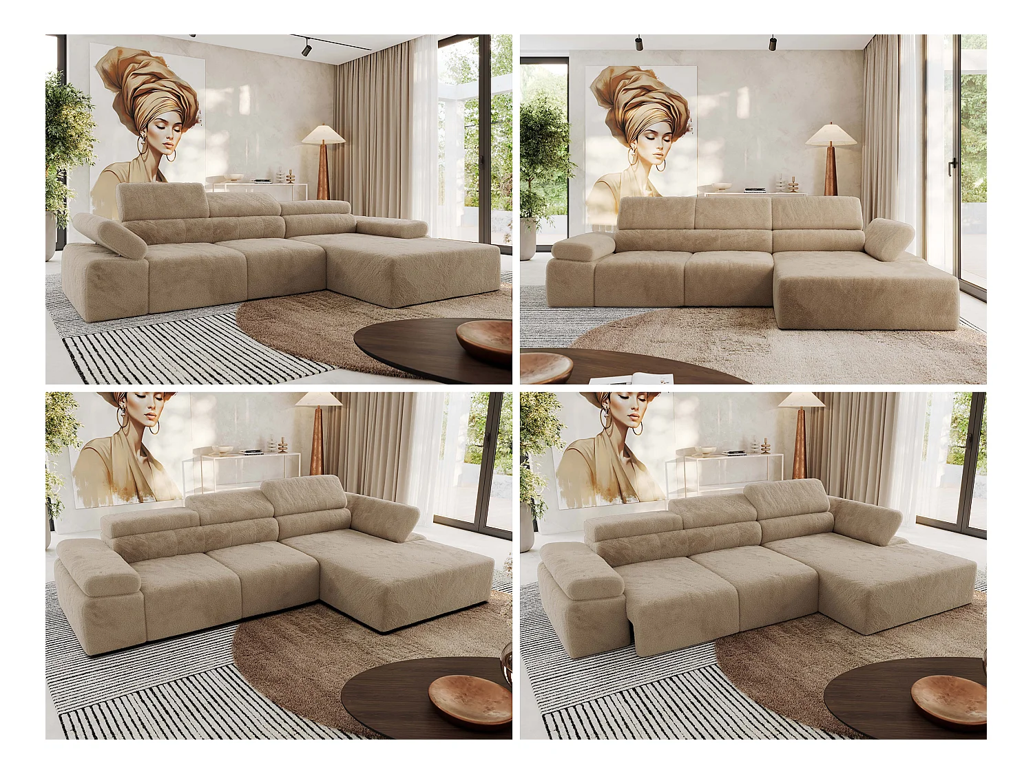 Ecksofa RILASSO - L-förmige Ecke mit Relax-funktion, elektrisch verstellbarer Sitz, Armlehnen - Beige Plüsch - Ecke Rechts