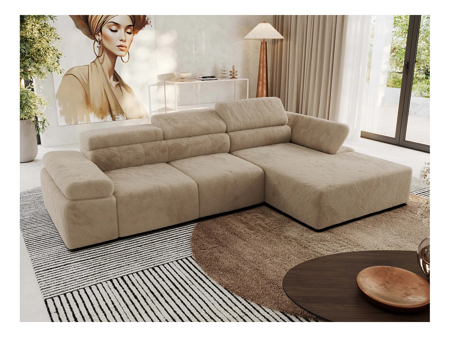 Ecksofa RILASSO - L-förmige Ecke mit Relax-funktion, elektrisch verstellbarer Sitz, Armlehnen - Beige Plüsch - Ecke Rechts