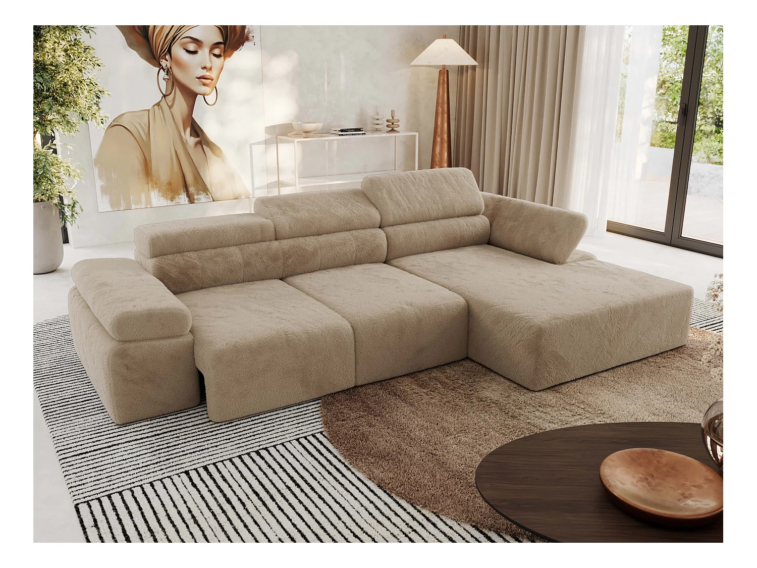 Ecksofa RILASSO - L-förmige Ecke mit Relax-funktion, elektrisch verstellbarer Sitz, Armlehnen - Beige Plüsch - Ecke Rechts