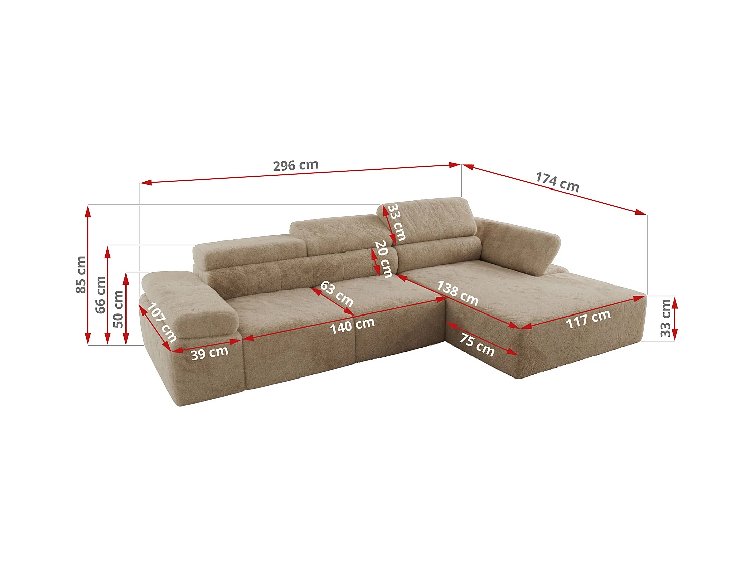 Ecksofa RILASSO - L-förmige Ecke mit Relax-funktion, elektrisch verstellbarer Sitz, Armlehnen - Beige Plüsch - Ecke Rechts