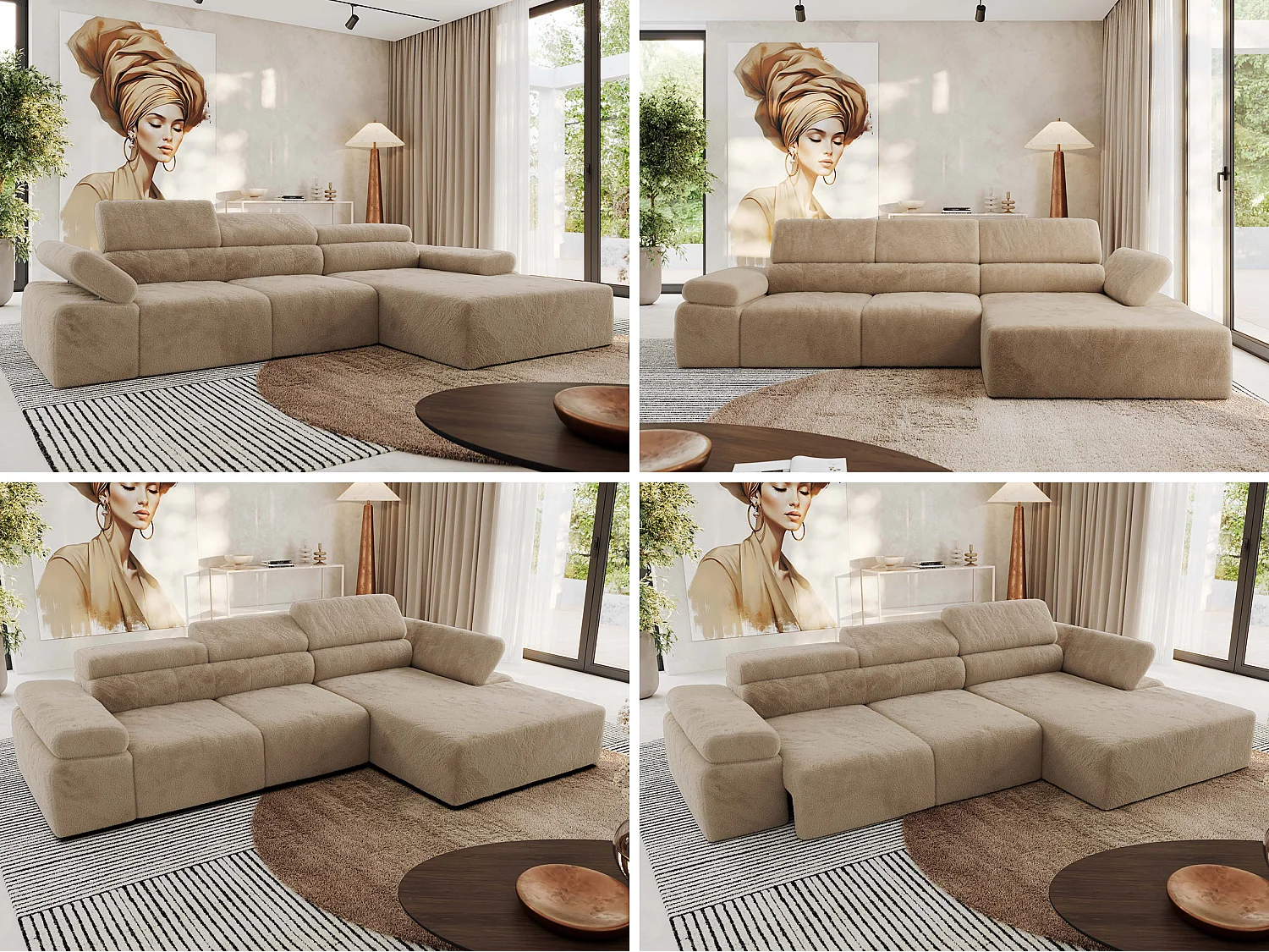 Ecksofa RILASSO - L-förmige Ecke mit Relax-funktion, elektrisch verstellbarer Sitz, Armlehnen - Beige Plüsch - Ecke Rechts