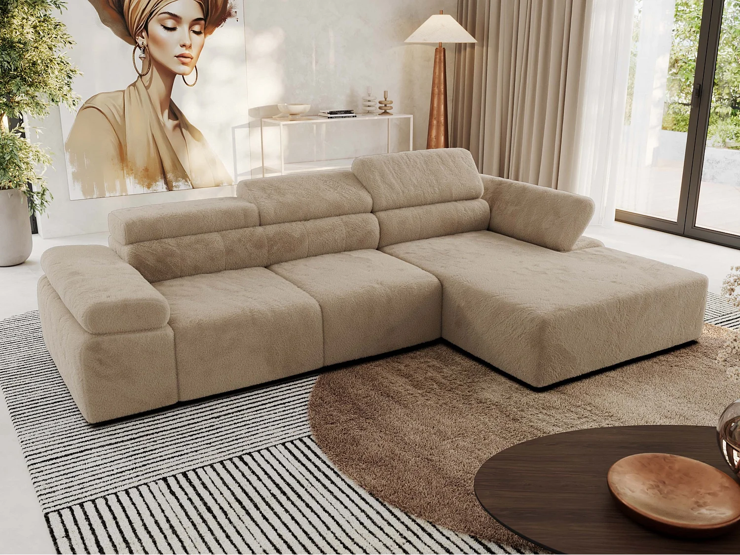 Ecksofa RILASSO - L-förmige Ecke mit Relax-funktion, elektrisch verstellbarer Sitz, Armlehnen - Beige Plüsch - Ecke Rechts