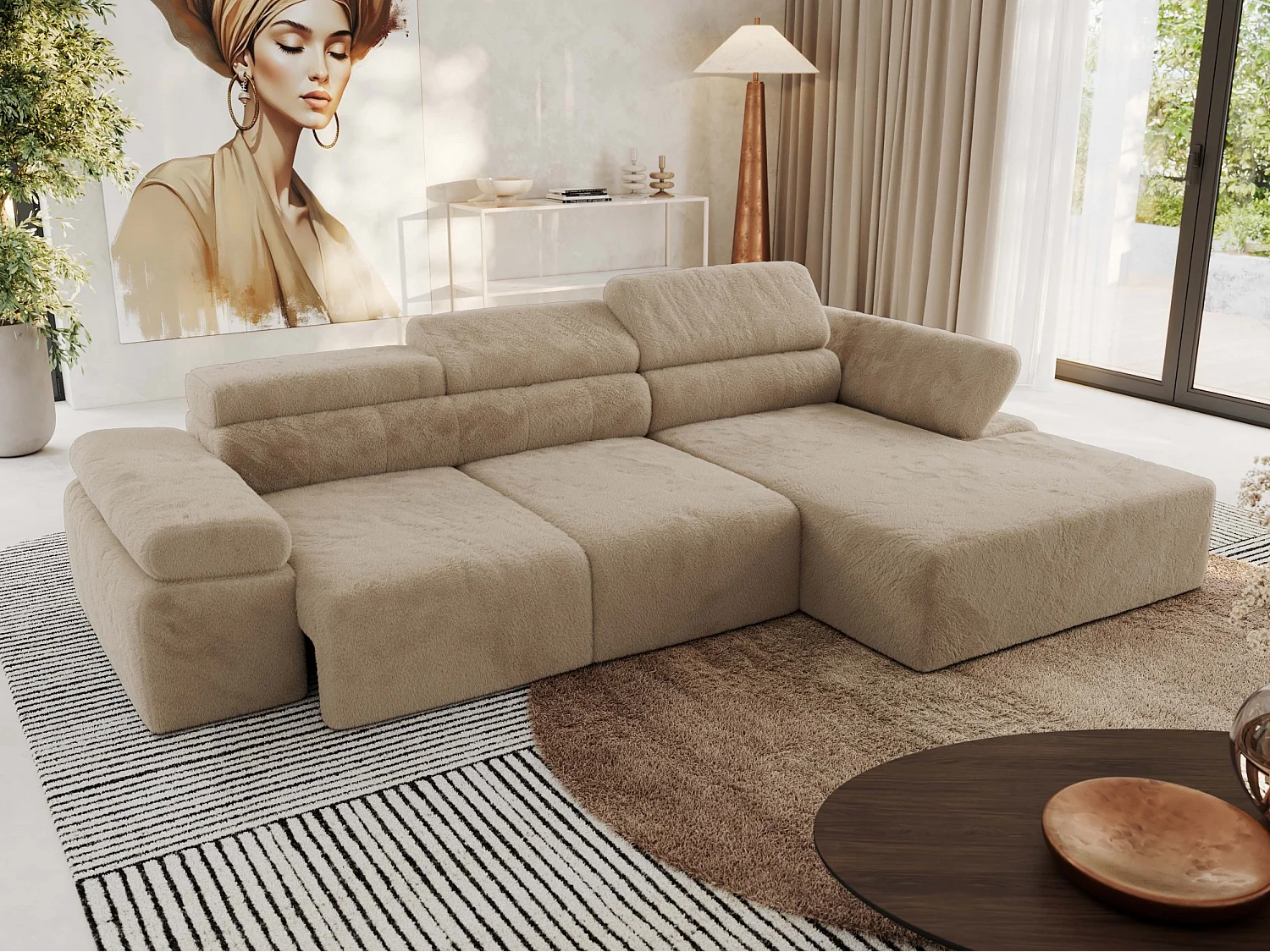 Ecksofa RILASSO - L-förmige Ecke mit Relax-funktion, elektrisch verstellbarer Sitz, Armlehnen - Beige Plüsch - Ecke Rechts