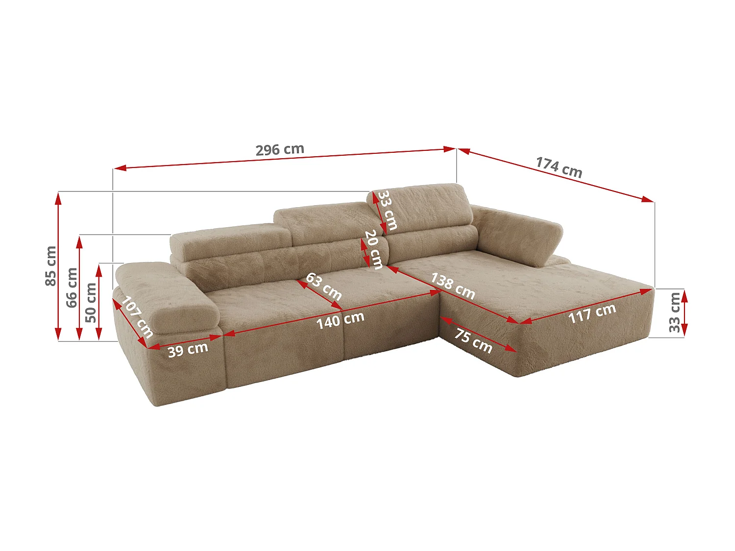 Ecksofa RILASSO - L-förmige Ecke mit Relax-funktion, elektrisch verstellbarer Sitz, Armlehnen - Beige Plüsch - Ecke Rechts