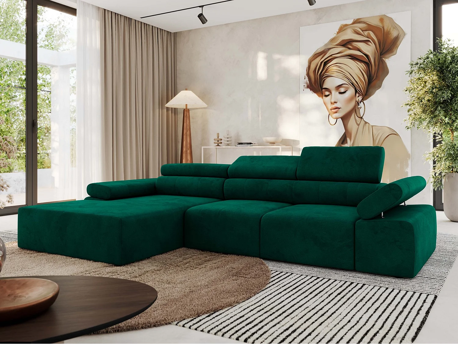 Ecksofa RILASSO - L-förmige Ecke mit Relax-funktion, elektrisch verstellbarer Sitz, Armlehnen - Dunkelgrün Velvet - Ecke Links