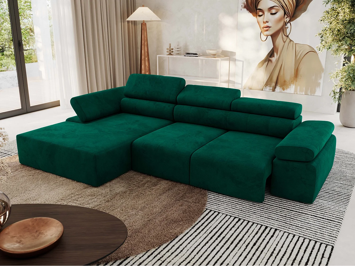 Ecksofa RILASSO - L-förmige Ecke mit Relax-funktion, elektrisch verstellbarer Sitz, Armlehnen - Dunkelgrün Velvet - Ecke Links