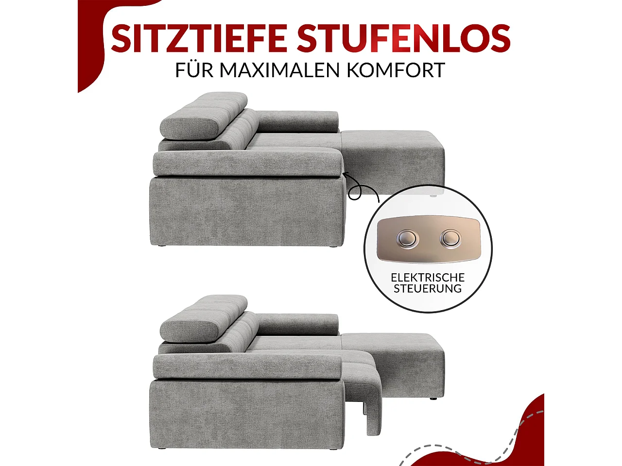 Ecksofa RILASSO - L-förmige Ecke mit Relax-funktion, elektrisch verstellbarer Sitz, Armlehnen - Dunkelgrün Velvet - Ecke Links
