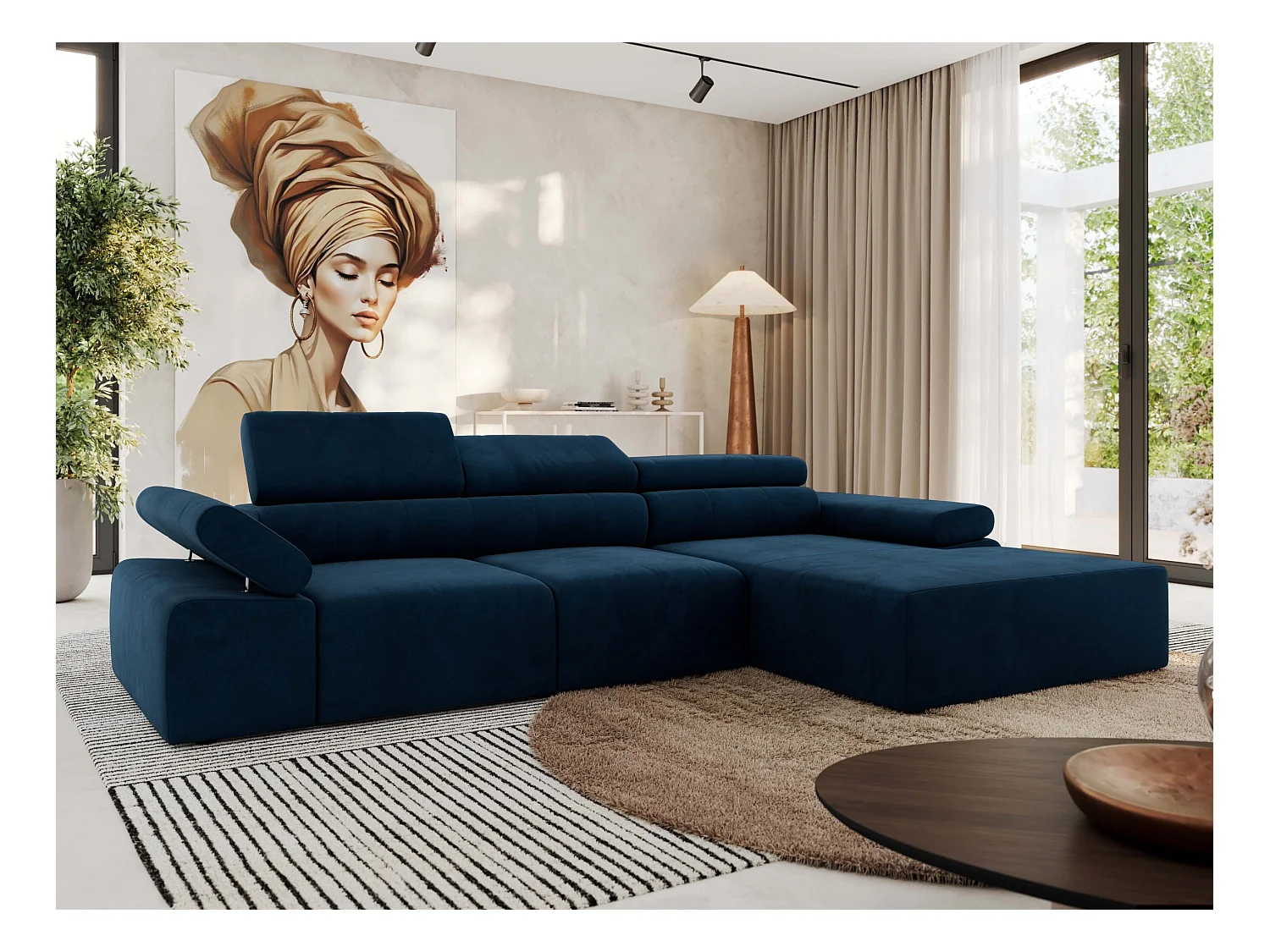 Ecksofa RILASSO - L-förmige Ecke mit Relax-funktion, elektrisch verstellbarer Sitz, Armlehnen - Dunkelblau Velvet - Ecke Rechts