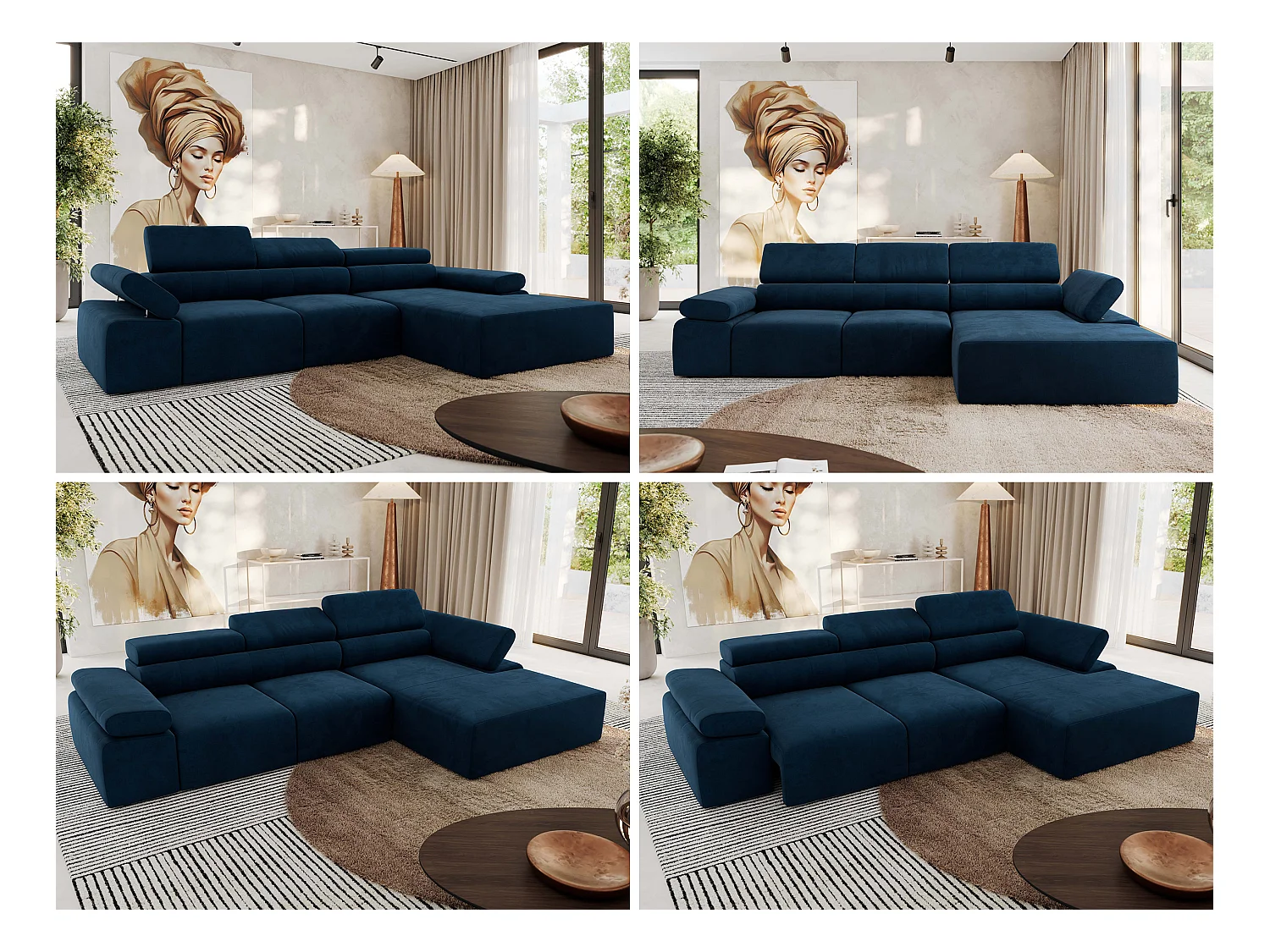 Ecksofa RILASSO - L-förmige Ecke mit Relax-funktion, elektrisch verstellbarer Sitz, Armlehnen - Dunkelblau Velvet - Ecke Rechts
