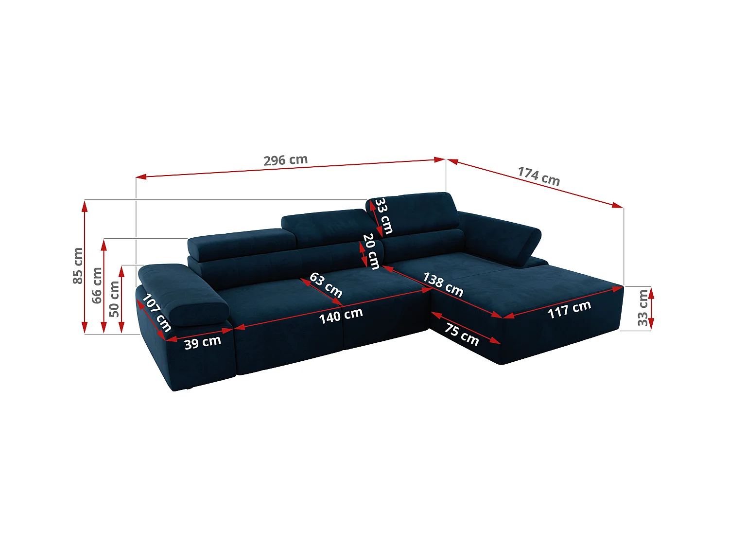 Ecksofa RILASSO - L-förmige Ecke mit Relax-funktion, elektrisch verstellbarer Sitz, Armlehnen - Dunkelblau Velvet - Ecke Rechts