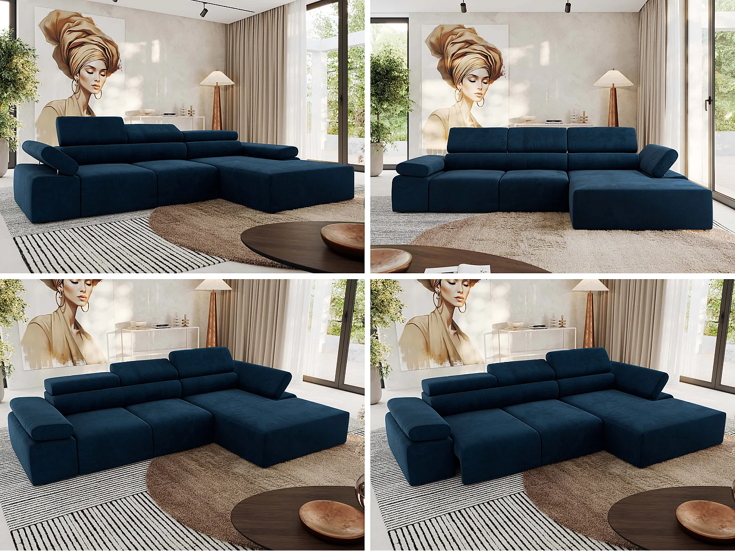 Ecksofa RILASSO - L-förmige Ecke mit Relax-funktion, elektrisch verstellbarer Sitz, Armlehnen - Dunkelblau Velvet - Ecke Rechts