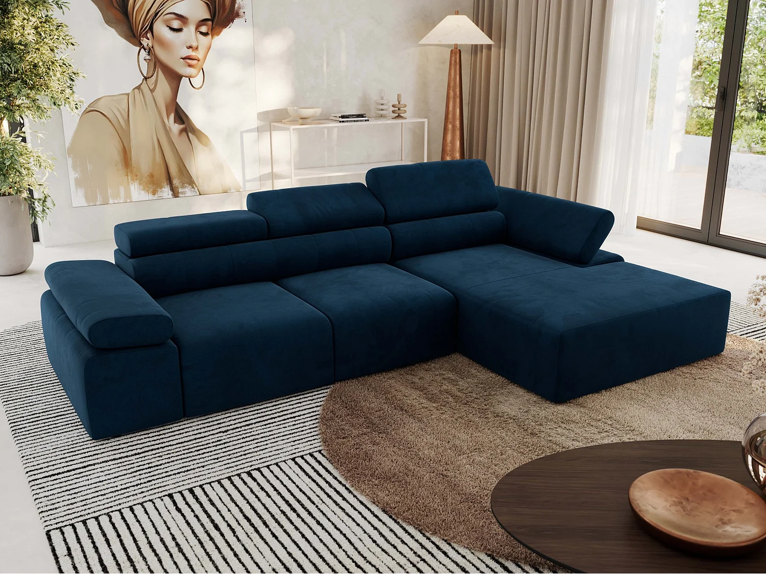 Ecksofa RILASSO - L-förmige Ecke mit Relax-funktion, elektrisch verstellbarer Sitz, Armlehnen - Dunkelblau Velvet - Ecke Rechts