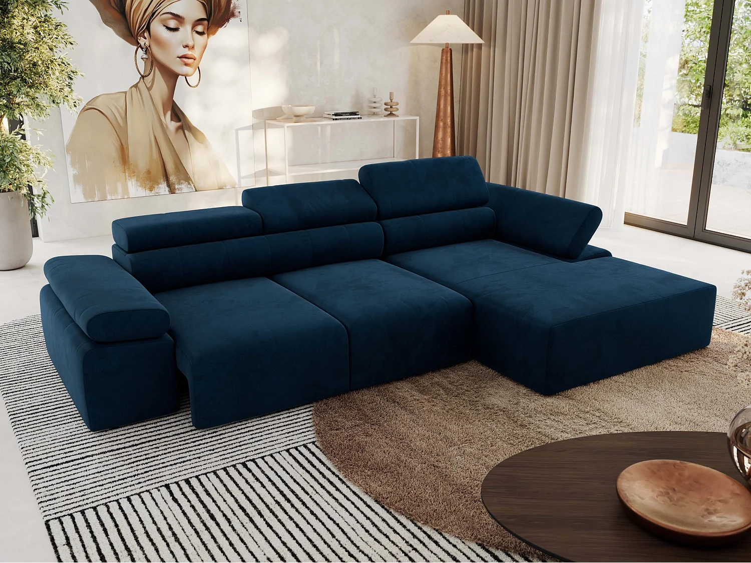 Ecksofa RILASSO - L-förmige Ecke mit Relax-funktion, elektrisch verstellbarer Sitz, Armlehnen - Dunkelblau Velvet - Ecke Rechts