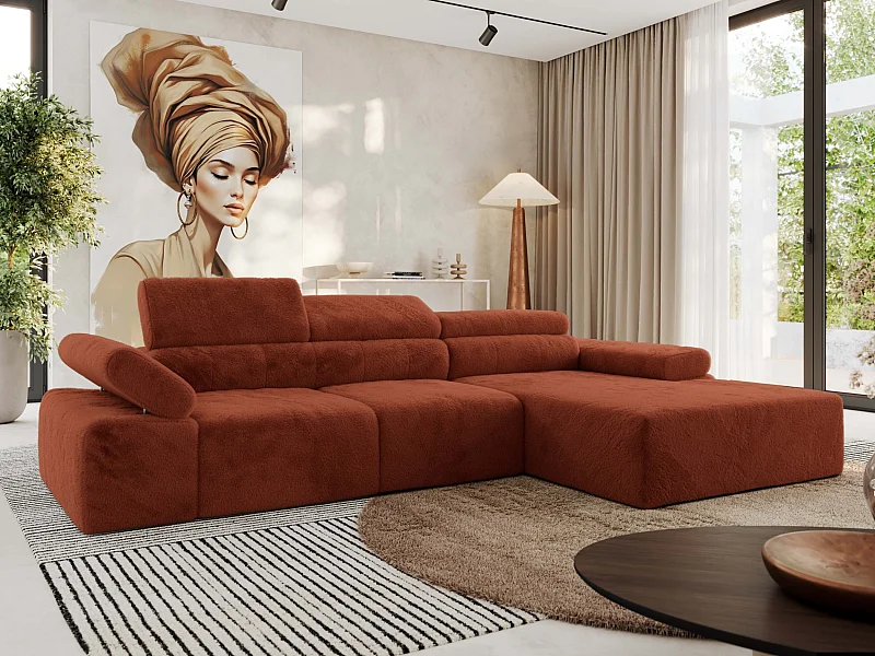 Ecksofa RILASSO - L-förmige Ecke mit Relax-funktion, elektrisch verstellbarer Sitz, Armlehnen - Orange Plüsch - Ecke Rechts