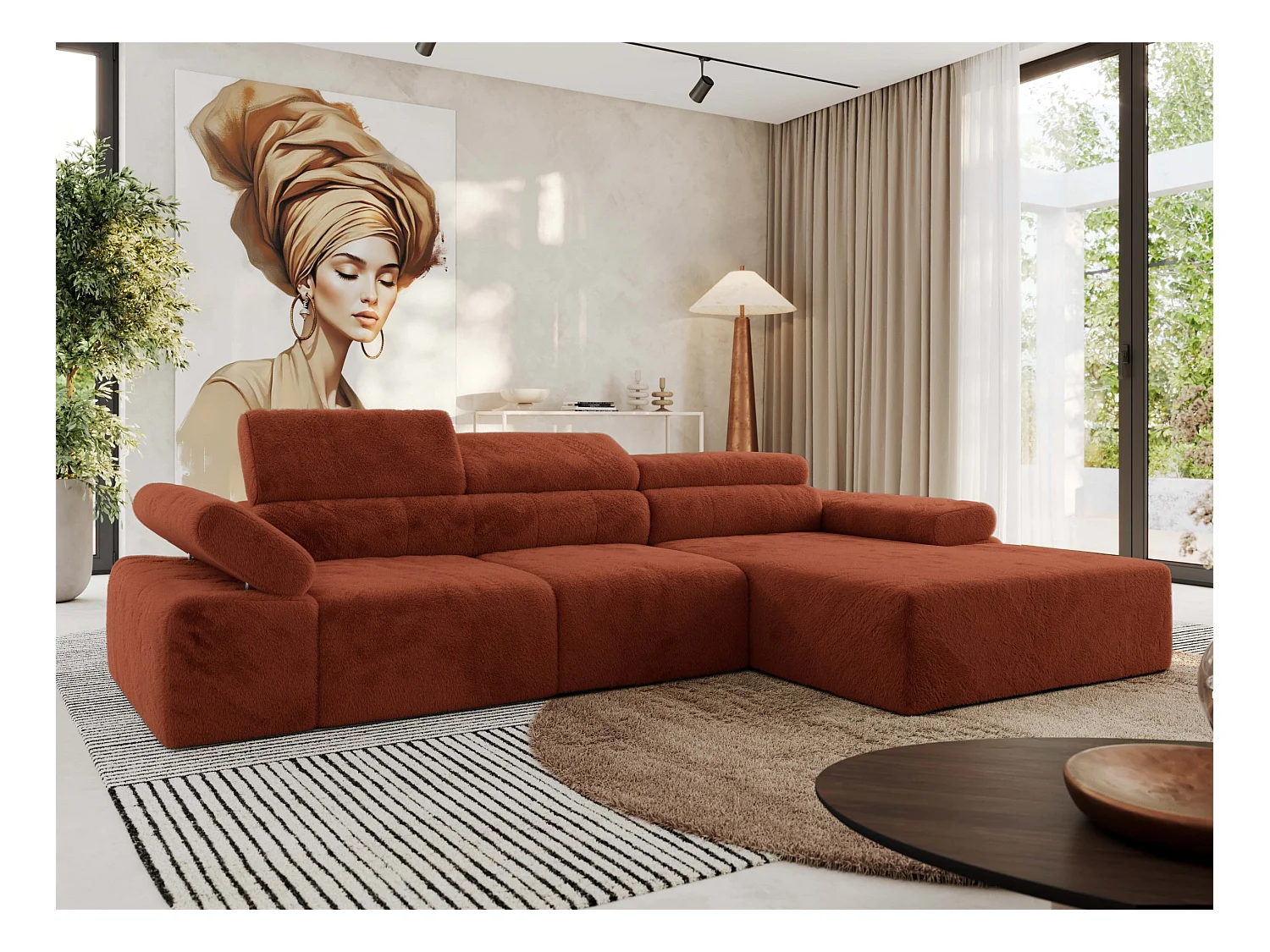 Ecksofa RILASSO - L-förmige Ecke mit Relax-funktion, elektrisch verstellbarer Sitz, Armlehnen - Orange Plüsch - Ecke Rechts