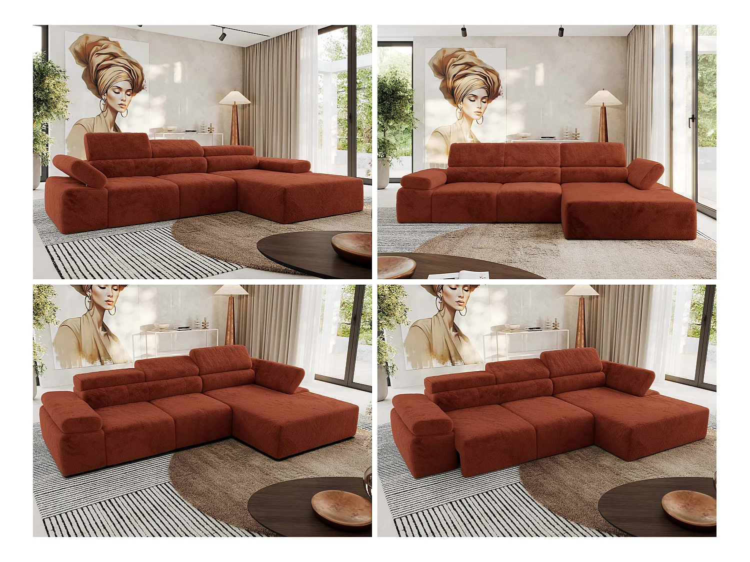 Ecksofa RILASSO - L-förmige Ecke mit Relax-funktion, elektrisch verstellbarer Sitz, Armlehnen - Orange Plüsch - Ecke Rechts