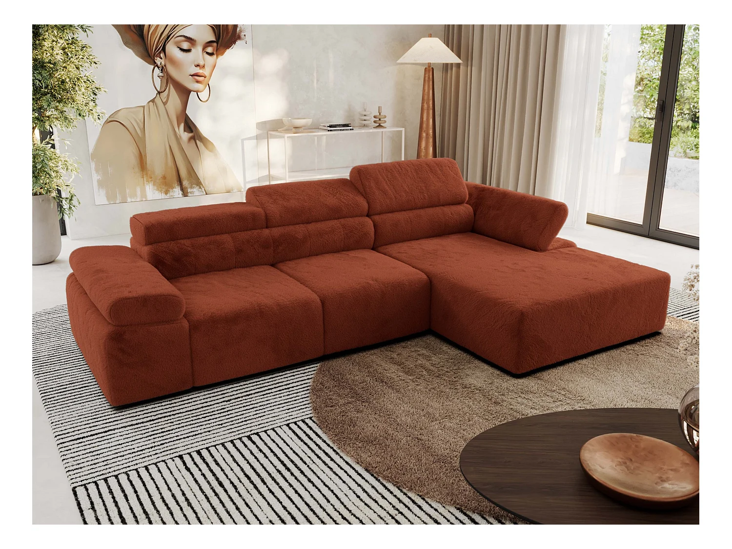 Ecksofa RILASSO - L-förmige Ecke mit Relax-funktion, elektrisch verstellbarer Sitz, Armlehnen - Orange Plüsch - Ecke Rechts