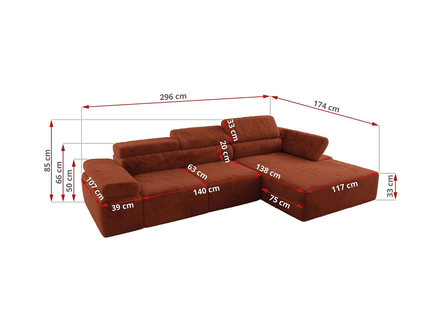 Ecksofa RILASSO - L-förmige Ecke mit Relax-funktion, elektrisch verstellbarer Sitz, Armlehnen - Orange Plüsch - Ecke Rechts
