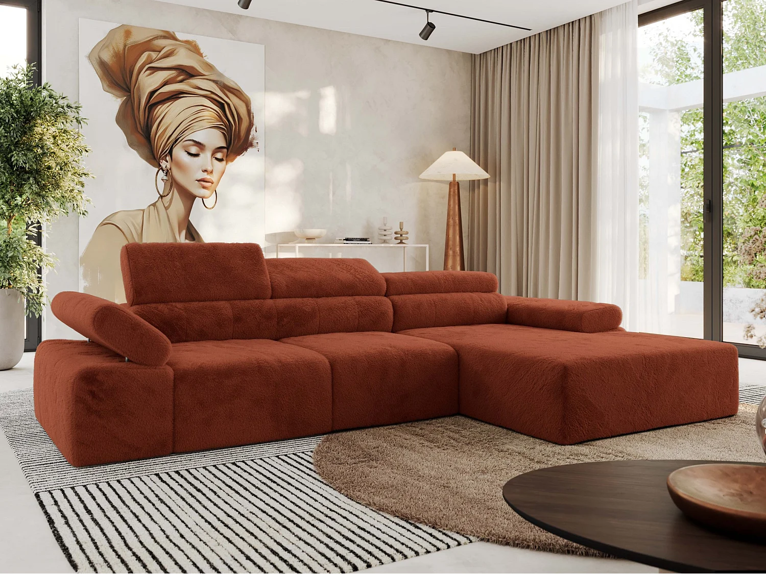 Ecksofa RILASSO - L-förmige Ecke mit Relax-funktion, elektrisch verstellbarer Sitz, Armlehnen - Orange Plüsch - Ecke Rechts