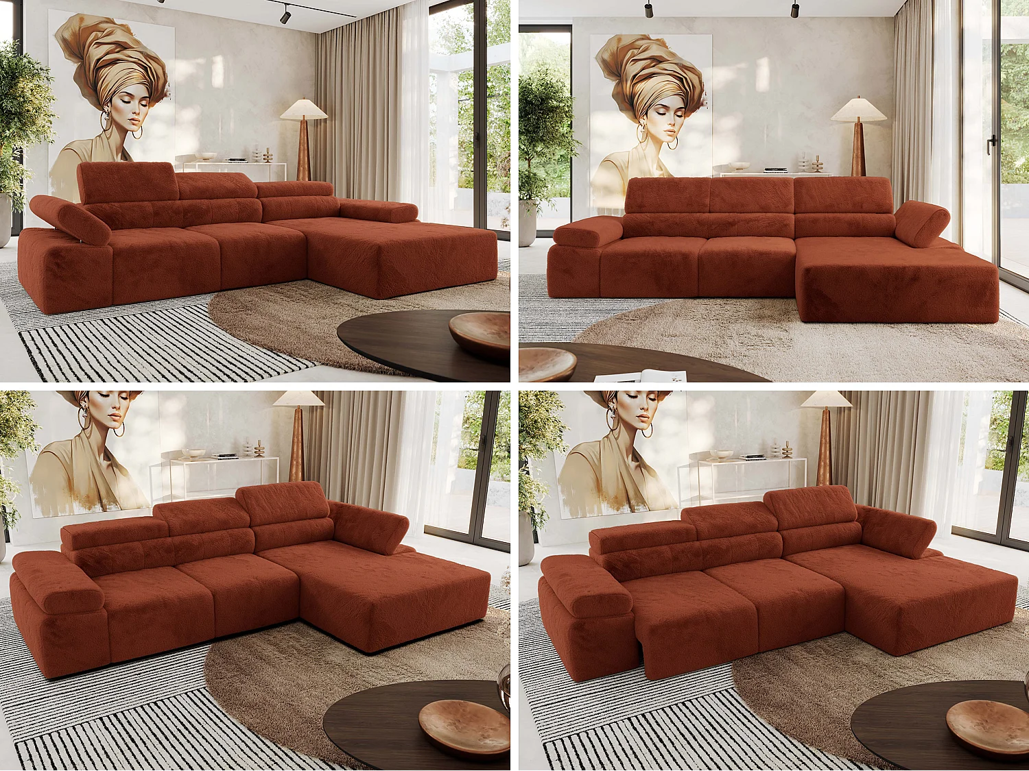 Ecksofa RILASSO - L-förmige Ecke mit Relax-funktion, elektrisch verstellbarer Sitz, Armlehnen - Orange Plüsch - Ecke Rechts