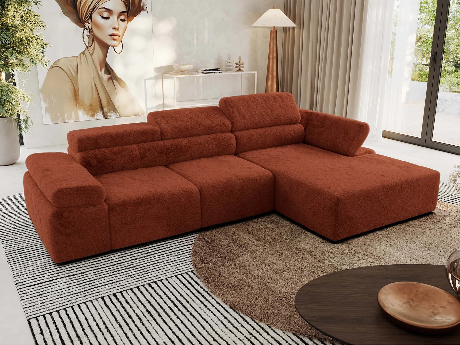 Ecksofa RILASSO - L-förmige Ecke mit Relax-funktion, elektrisch verstellbarer Sitz, Armlehnen - Orange Plüsch - Ecke Rechts