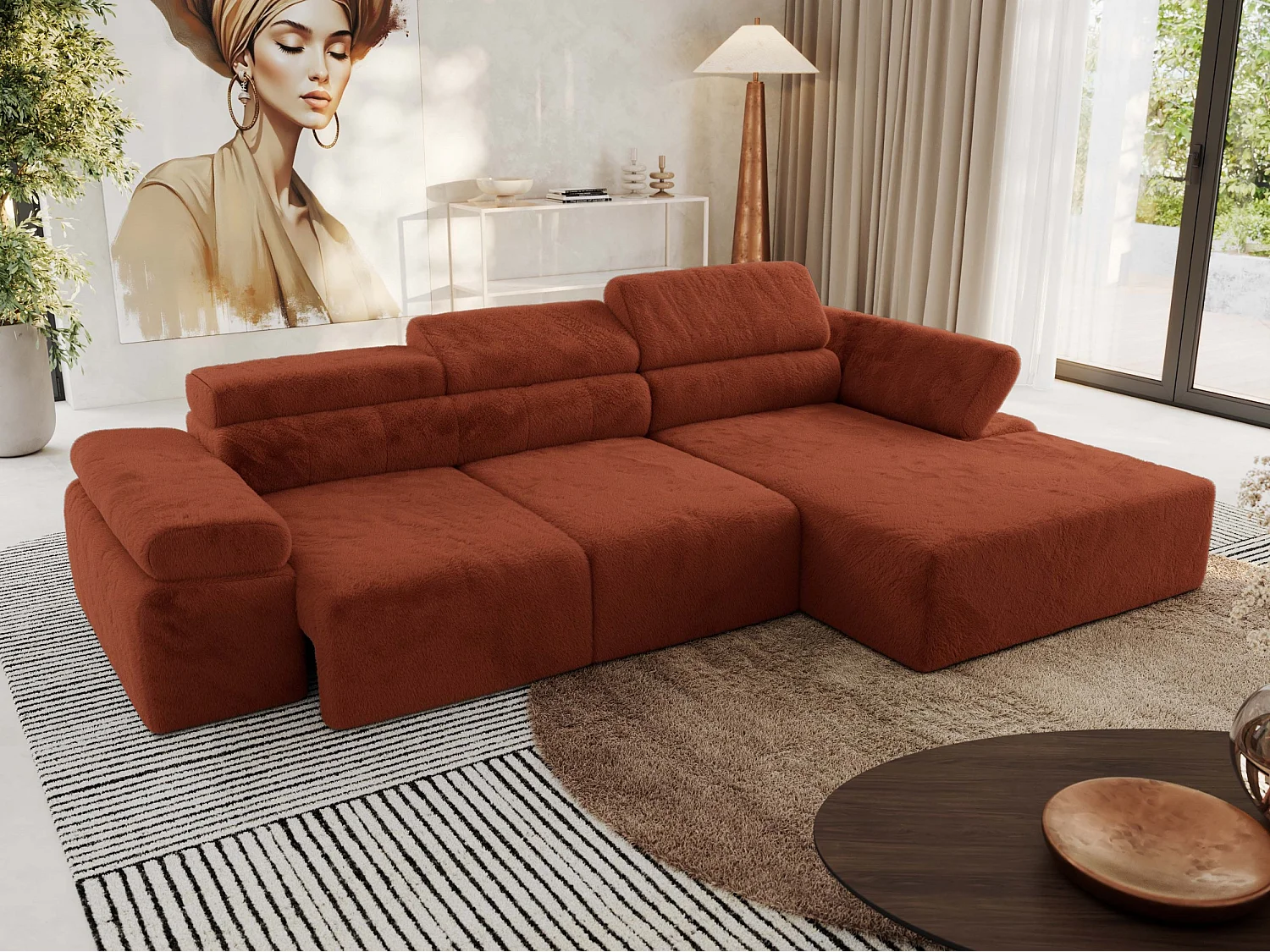 Ecksofa RILASSO - L-förmige Ecke mit Relax-funktion, elektrisch verstellbarer Sitz, Armlehnen - Orange Plüsch - Ecke Rechts