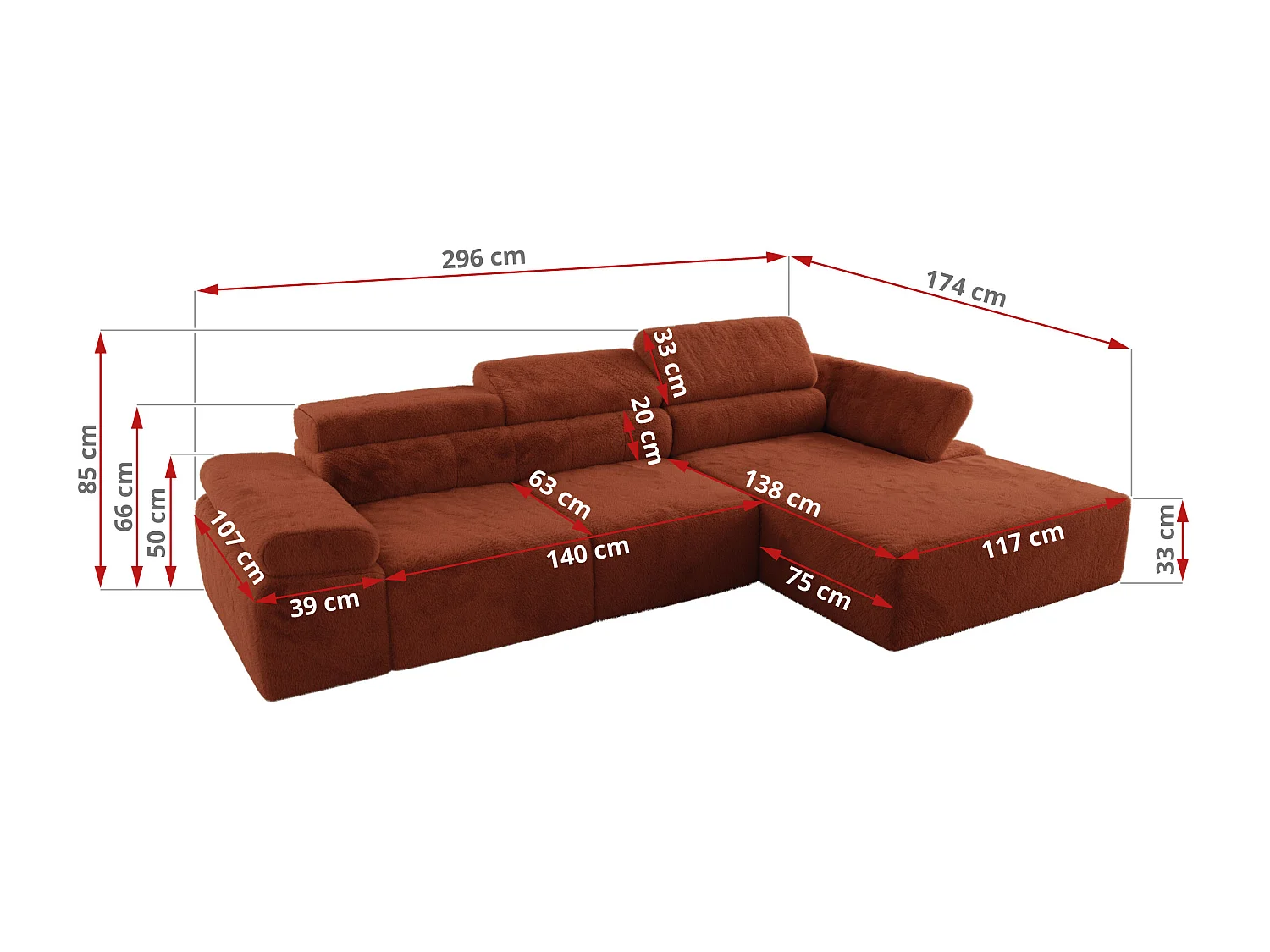 Ecksofa RILASSO - L-förmige Ecke mit Relax-funktion, elektrisch verstellbarer Sitz, Armlehnen - Orange Plüsch - Ecke Rechts