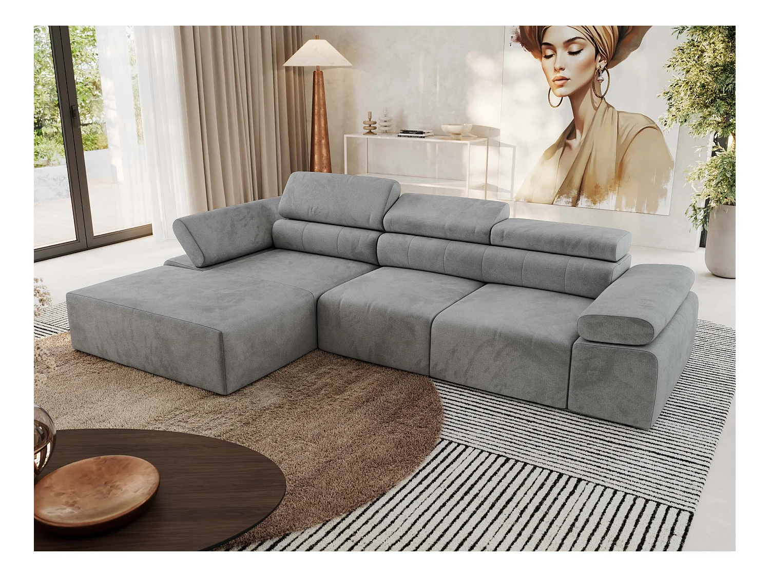 Ecksofa RILASSO - L-förmige Ecke mit Relax-funktion, elektrisch verstellbarer Sitz, Armlehnen - Hellgrau Velvet - Ecke Links