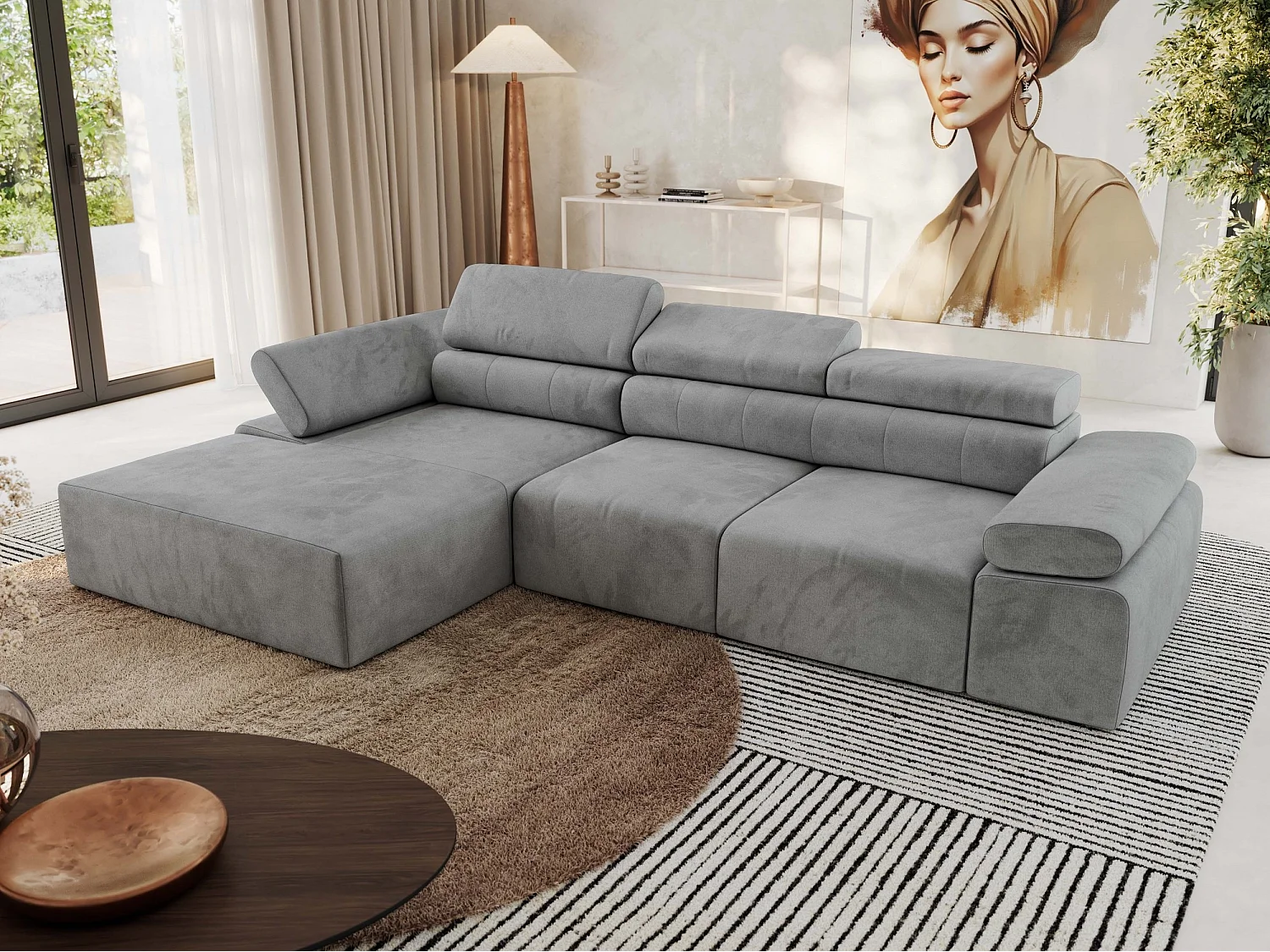 Ecksofa RILASSO - L-förmige Ecke mit Relax-funktion, elektrisch verstellbarer Sitz, Armlehnen - Hellgrau Velvet - Ecke Links