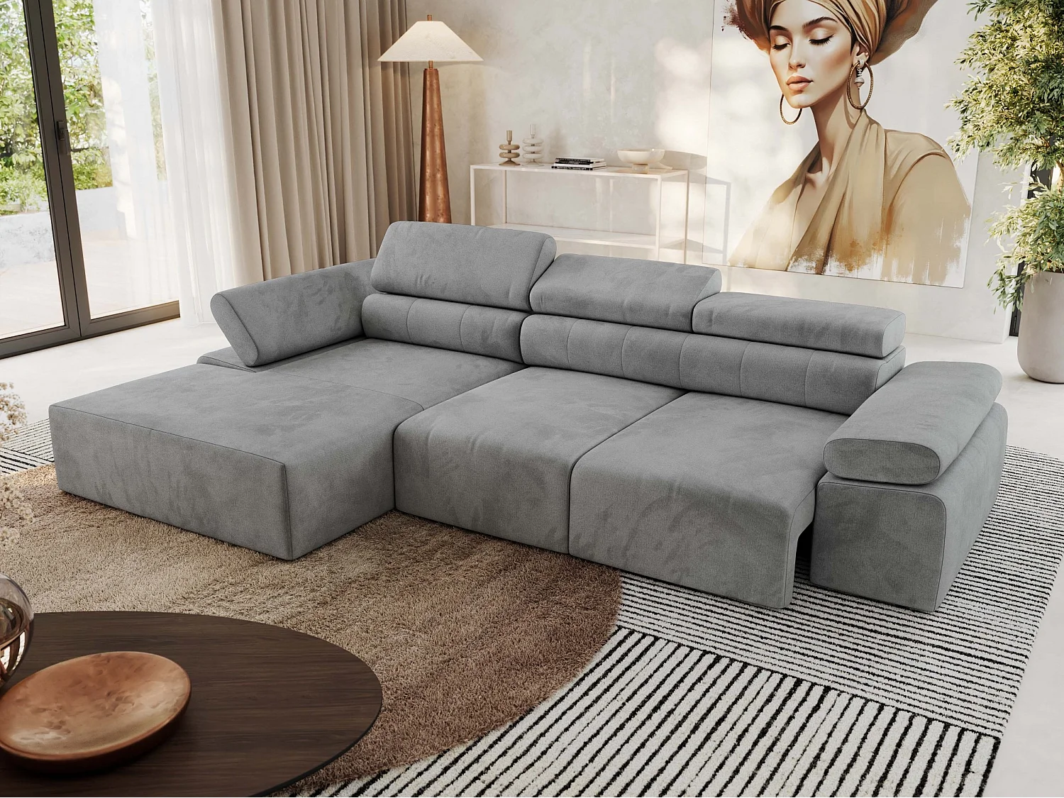 Ecksofa RILASSO - L-förmige Ecke mit Relax-funktion, elektrisch verstellbarer Sitz, Armlehnen - Hellgrau Velvet - Ecke Links