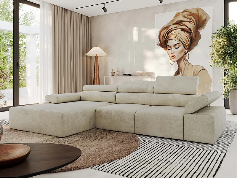 Ecksofa RILASSO - L-förmige Ecke mit Relax-funktion, elektrisch verstellbarer Sitz, Armlehnen - Beige Velvet - Ecke Links