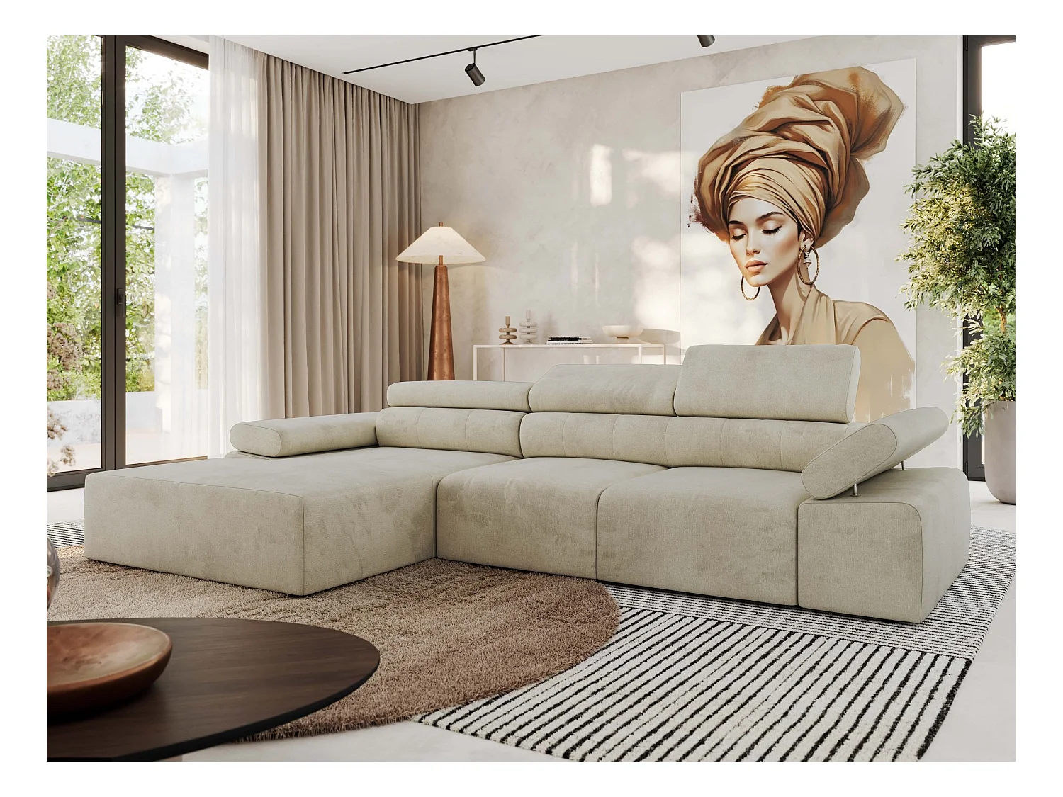 Ecksofa RILASSO - L-förmige Ecke mit Relax-funktion, elektrisch verstellbarer Sitz, Armlehnen - Beige Velvet - Ecke Links
